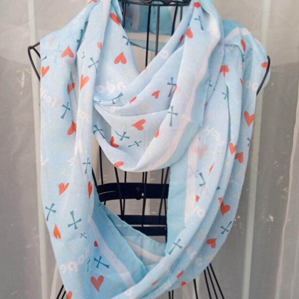 2/$12 Infinity Loop Scarf Love Hope Faith & Hearts Cross Design Blue  New